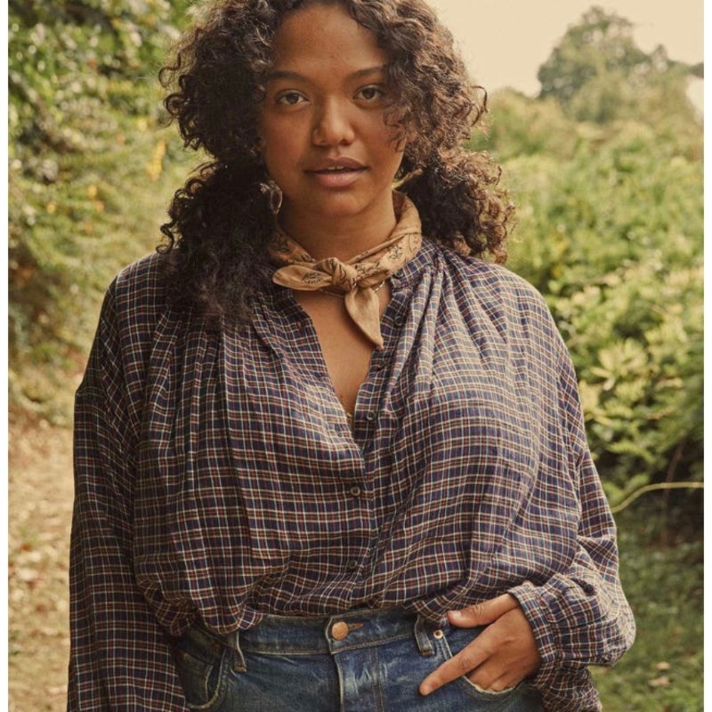 Doen Plaid Blouse in Navy and Brown